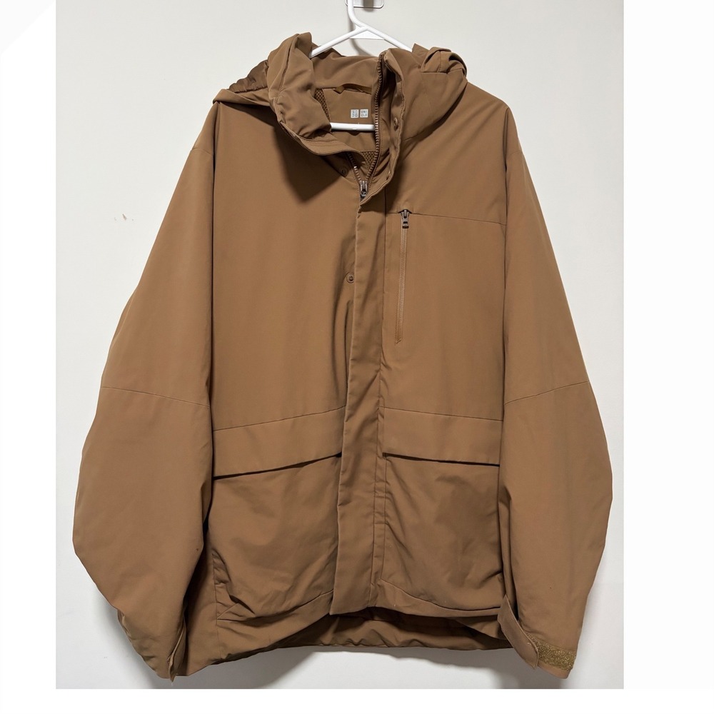 Uniqlo Hybrid Down Parka Mens Large Brown Hooded Puffer Jacket 429294